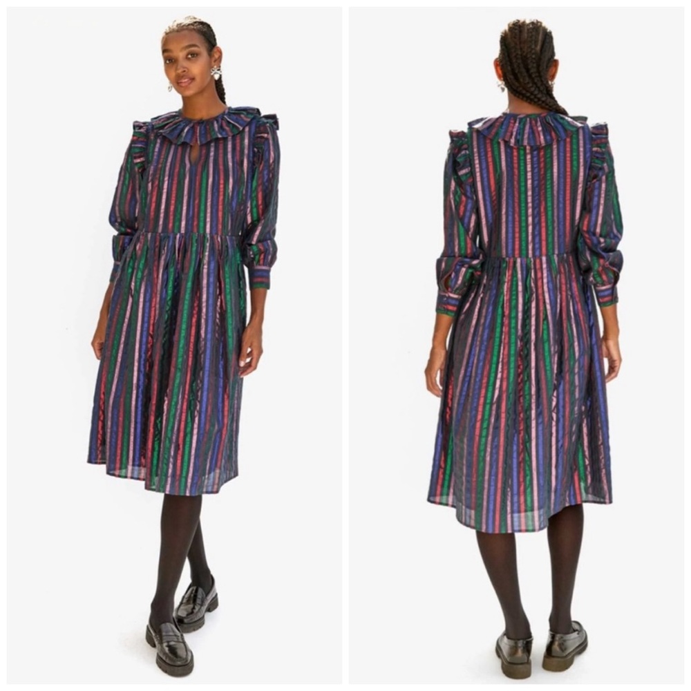 Clare V | Léonie Dress Midi Multicolor Metallic Ribbon  Stripe | XS NWT